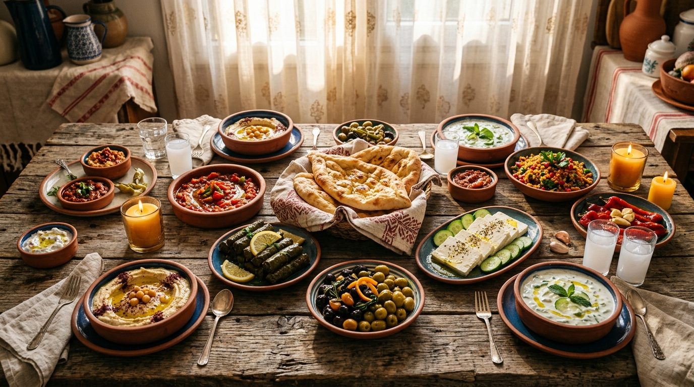 Traditional Turkish mezze spread